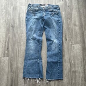 Hippie Low Rise Flare Jeans Medium Wash Distressed Raw Hem Size 13